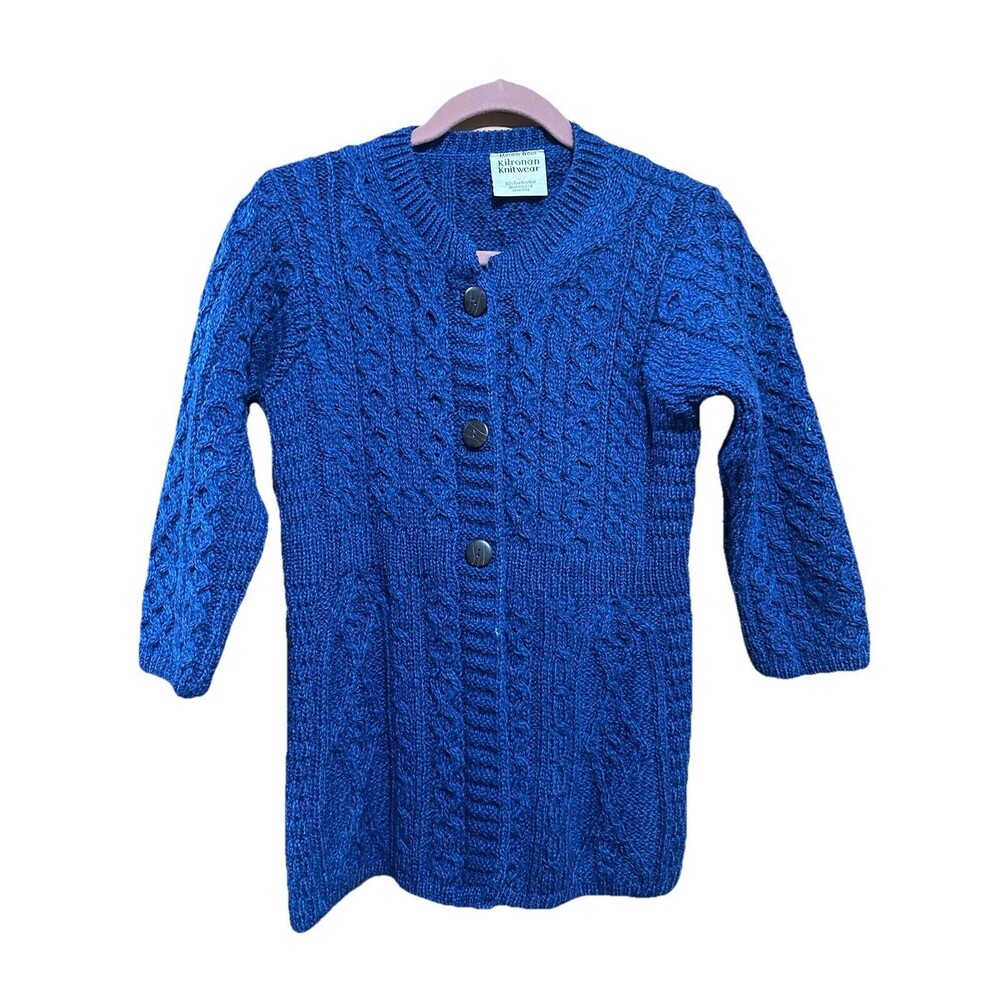 Kilronan Knitwear Sweater Cardigan‎ Wool Ireland Cable Knit Royal Blue Womens XS